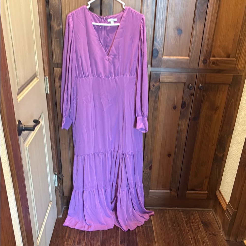 Bar III Purple Ruffled Tiered Gown with Bishop Sleeves